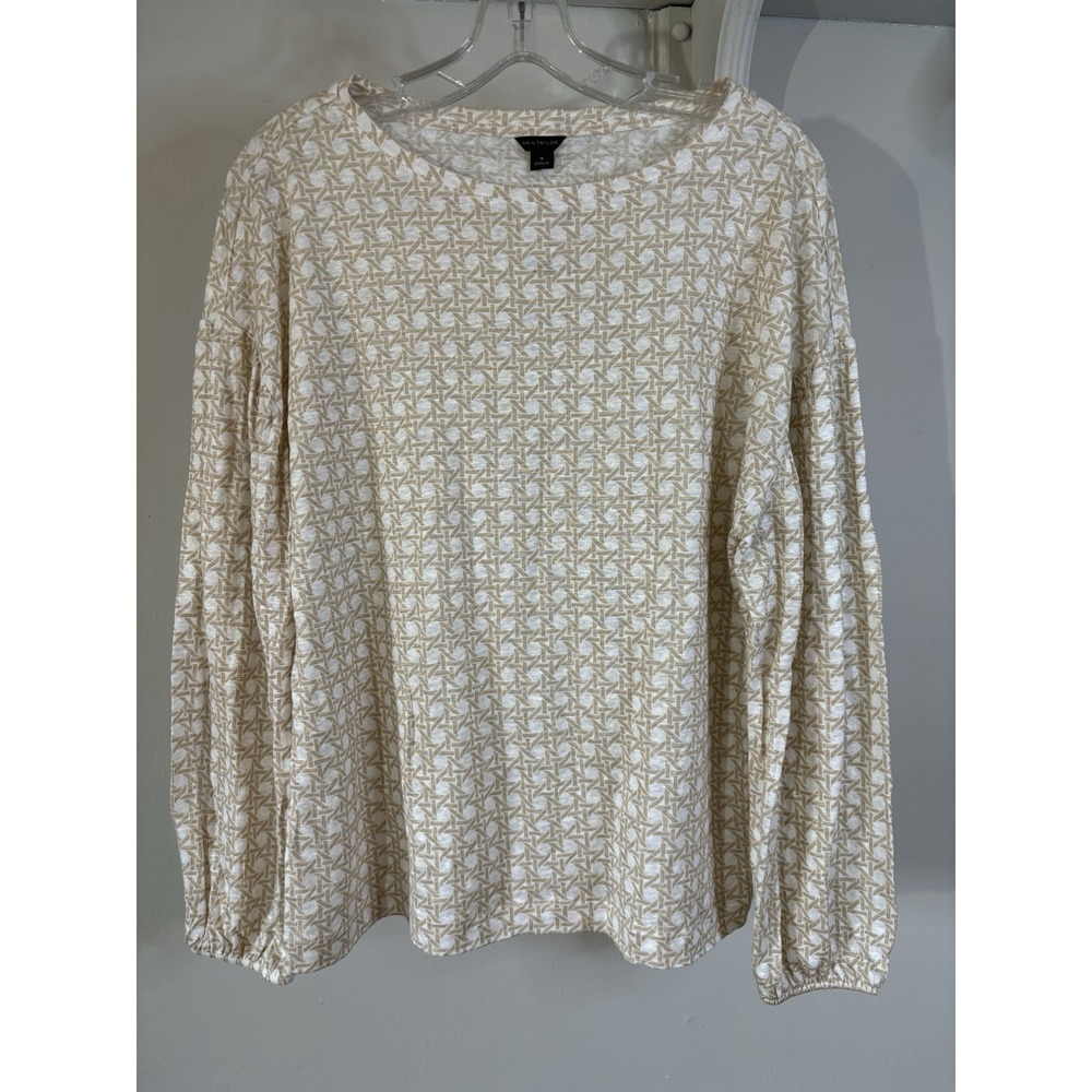 NWT ANN TAYLOR Beige & White Long Sleeve Linen Top Oversized‎ Boxy